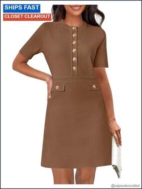 Women's Short Sleeve Bodycon Sweater Mini Dress Ribbed Knit Crew Neck Button